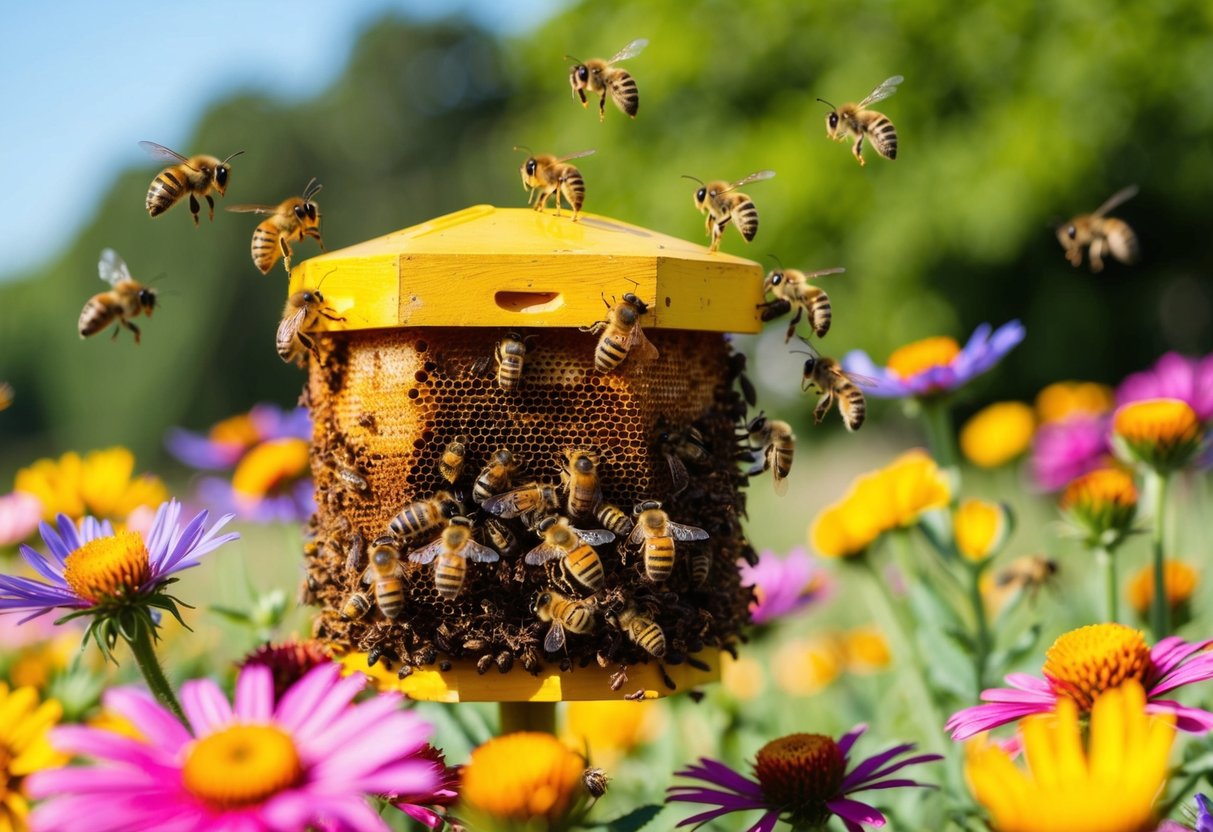 A buzzing beehive surrounded by colorful flowers, with bees collecting nectar