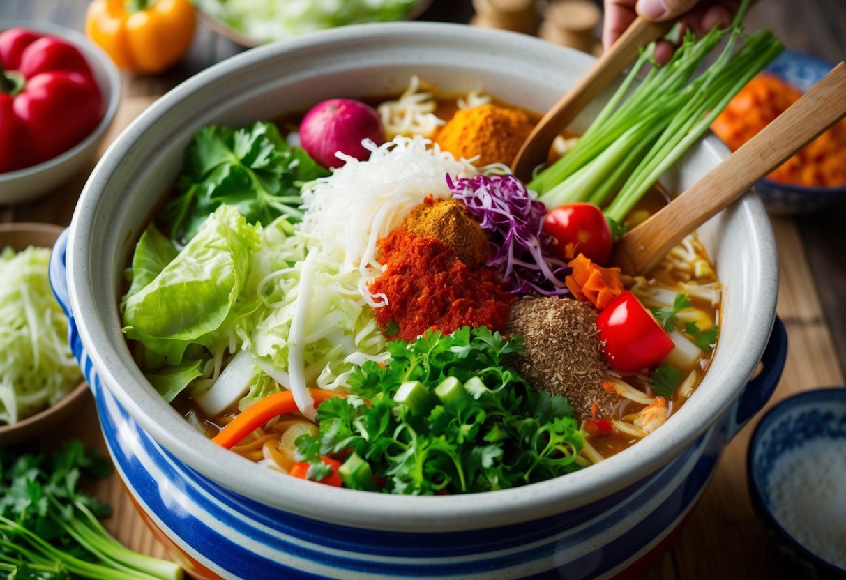 A colorful array of fresh vegetables and spices, including cabbage, radish, and red pepper, are being mixed together in a large ceramic crock to create traditional Korean kimchi