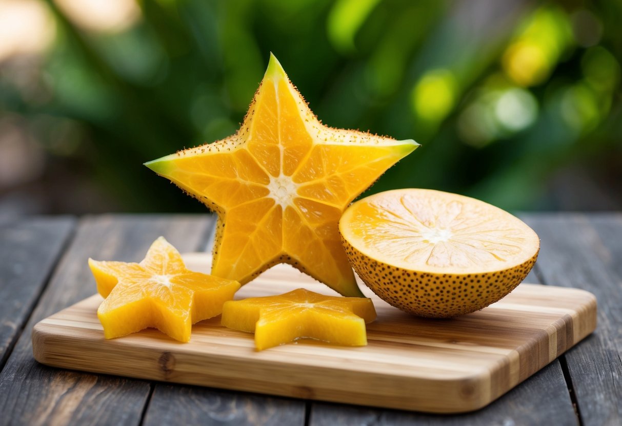 A ripe starfruit sits on a wooden cutting board, its yellow skin speckled with brown. The fruit is sliced into star-shaped pieces, revealing its juicy, translucent flesh and its sweet, tangy aroma fills the air
