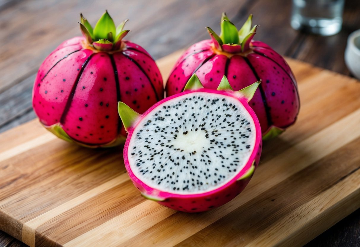 A dragonfruit sliced open, revealing white flesh speckled with black seeds, surrounded by vibrant pink skin and green-tipped scales