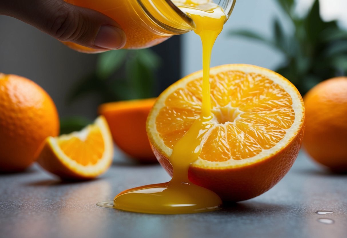 Fresh orange with juice dripping from the cut