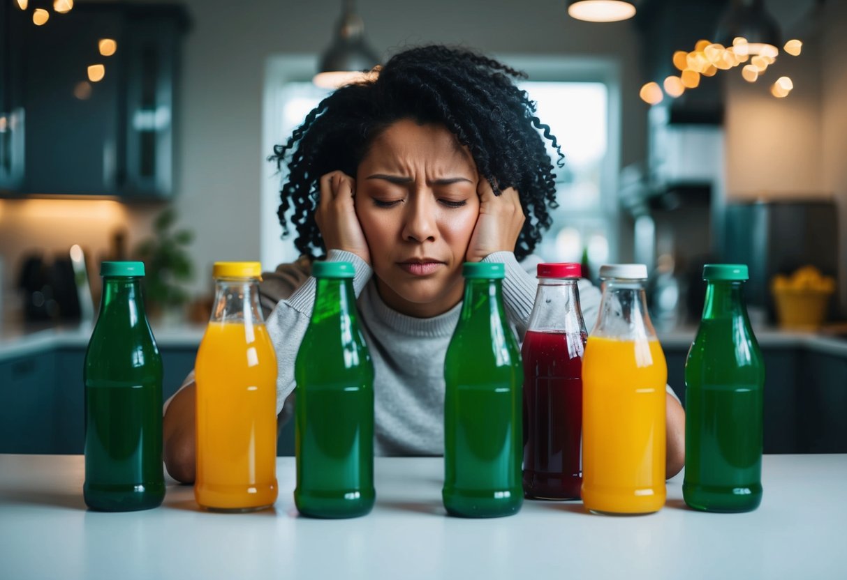 A person surrounded by empty juice bottles, looking uncomfortable