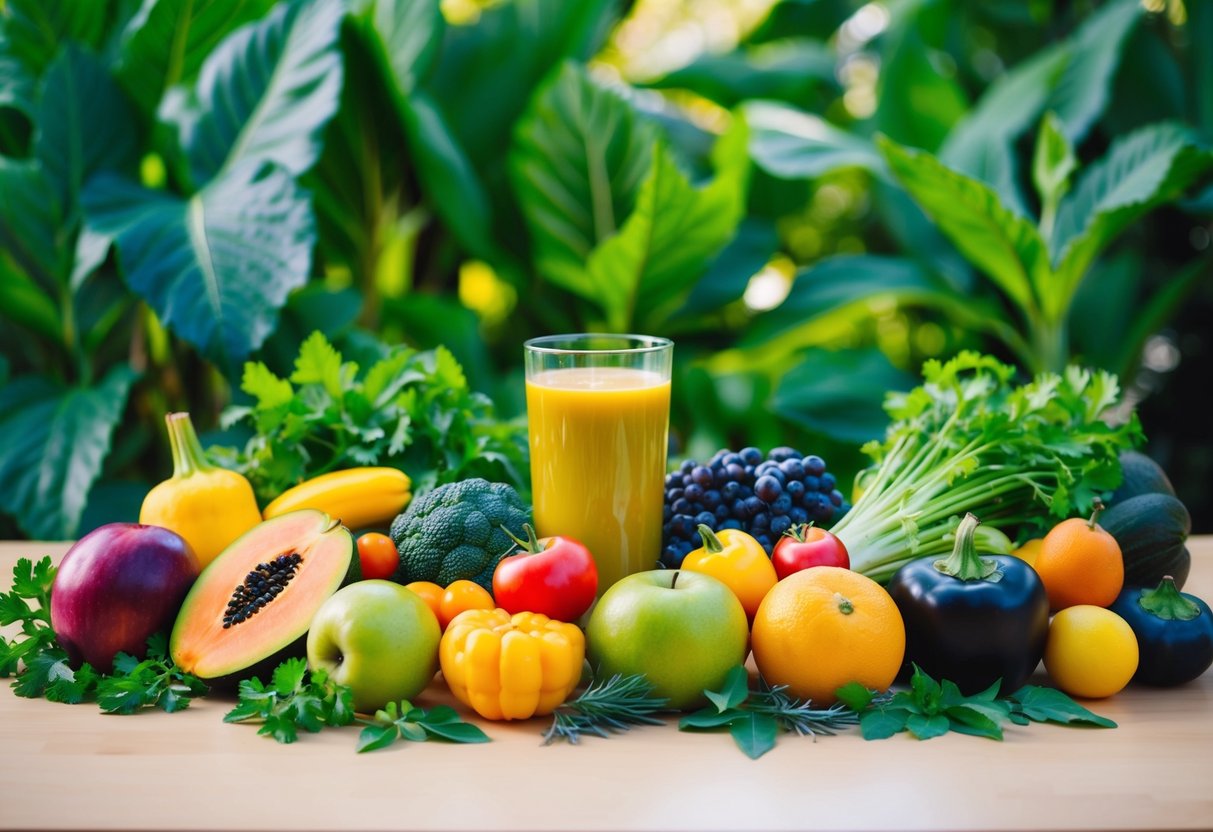 A variety of colorful fruits and vegetables arranged on a table, with a glass of fresh juice surrounded by vibrant green leaves and herbs