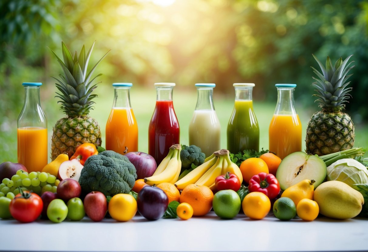 A colorful array of fresh fruits and vegetables arranged on a table, with a variety of juices in glass bottles, surrounded by a calming, natural setting