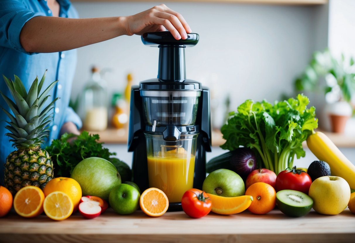 A variety of fresh fruits and vegetables are being juiced using a juicer. The vibrant colors and healthy ingredients suggest a focus on weight loss and wellness
