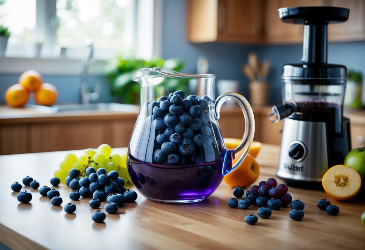 A glass pitcher overflowing with fresh blueberries and purple grapes, surrounded by scattered fruit and a juicer on a kitchen counter