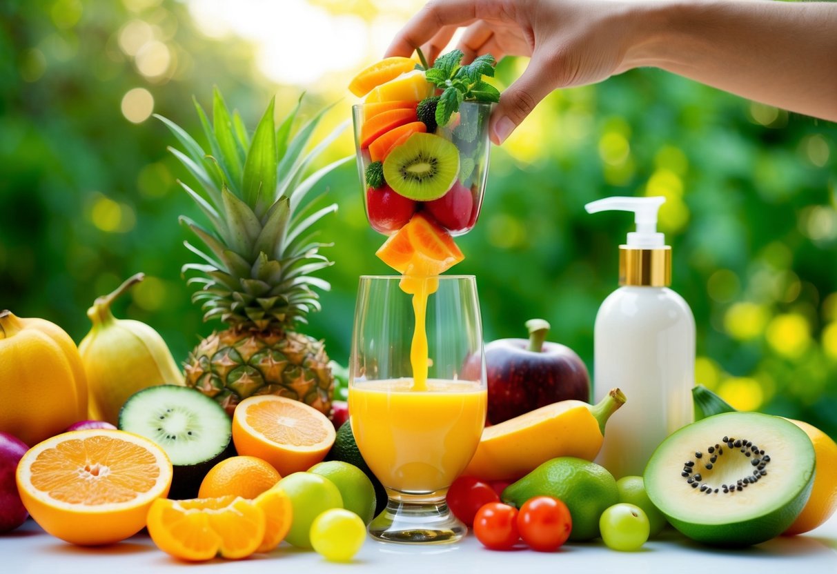 A colorful array of fresh fruits and vegetables being juiced into a glass, with a bottle of soothing lotion nearby