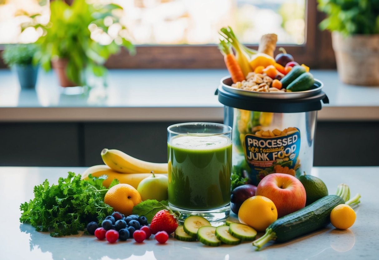 A glass of green juice surrounded by fresh fruits and vegetables. A pile of liver-friendly ingredients next to a trash bin filled with processed junk food