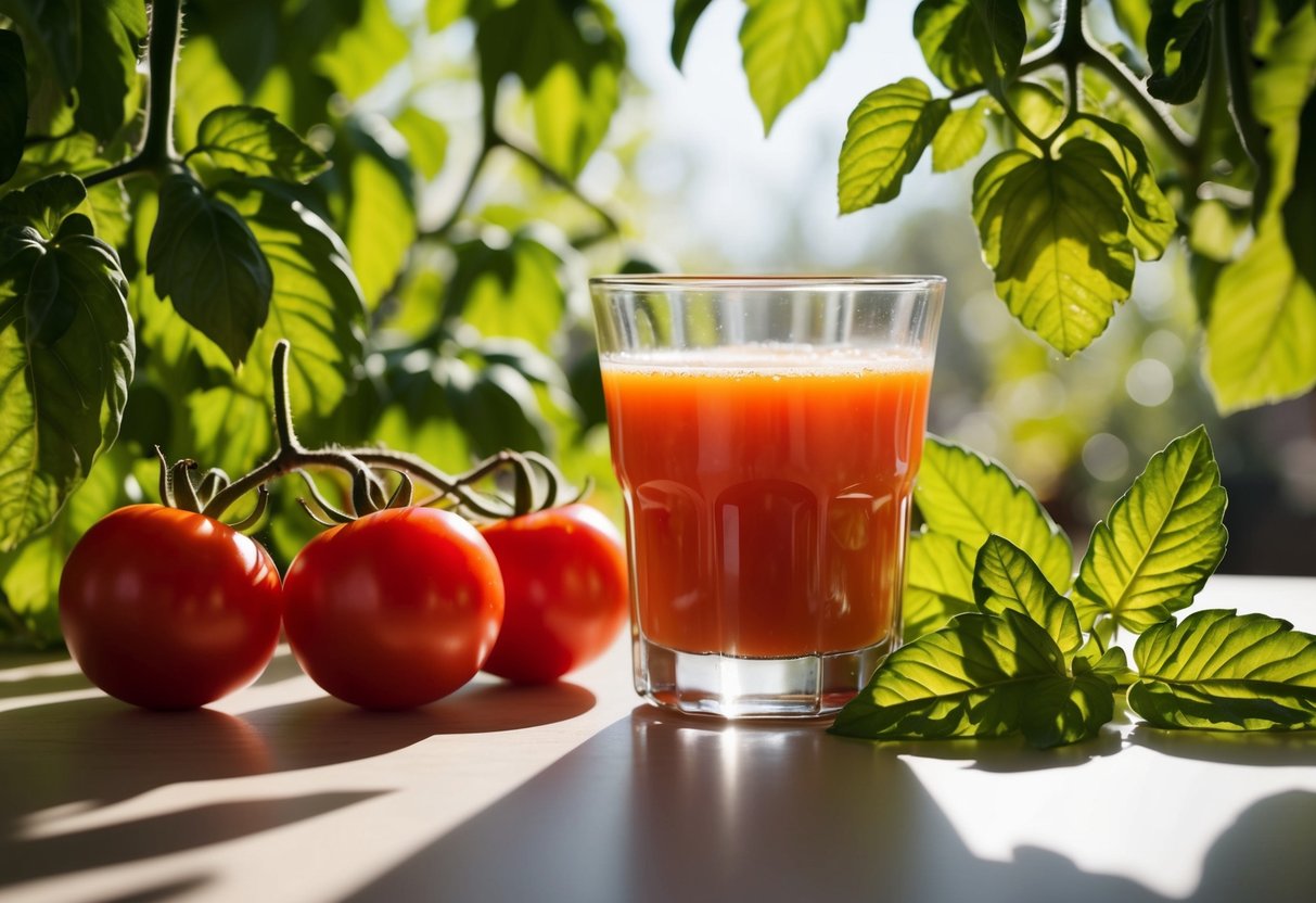 A glass of fresh tomato juice surrounded by ripe tomatoes and green leaves. Sunlight filters through the leaves, casting dappled shadows on the table