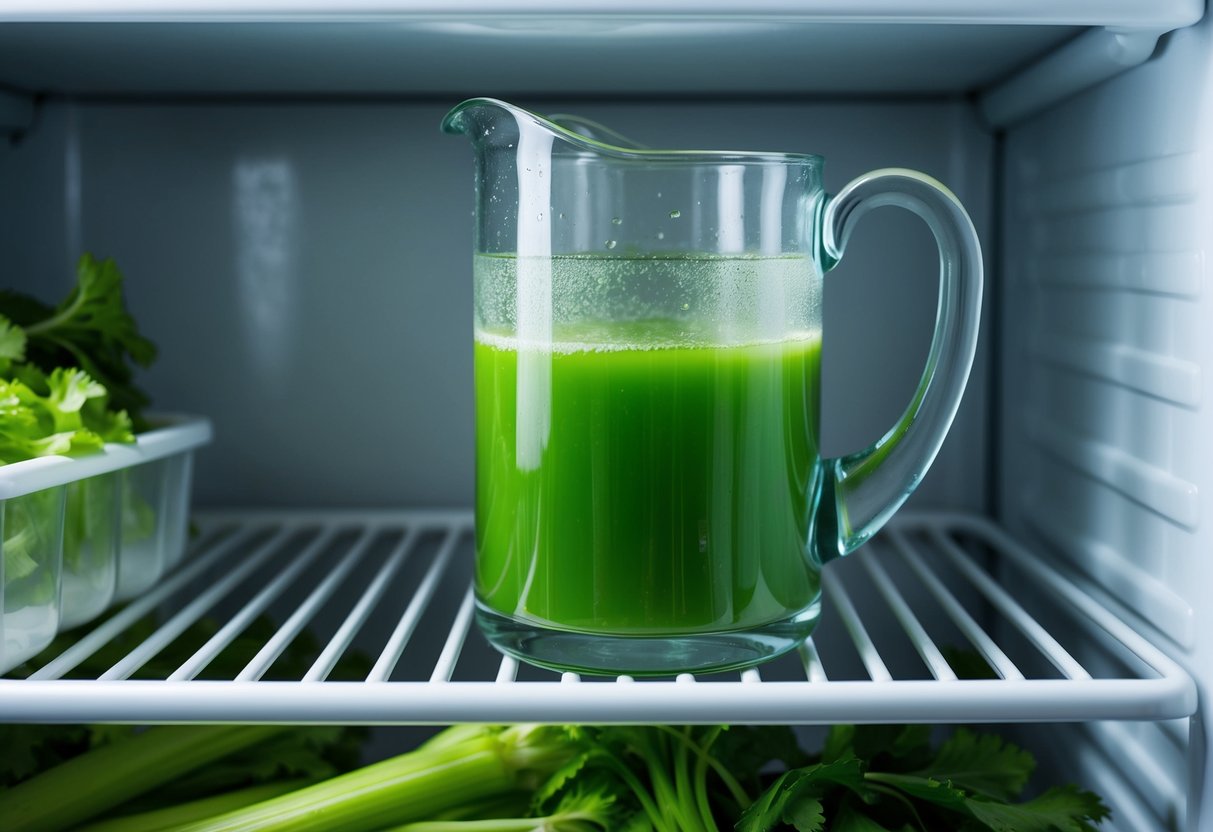 A clear glass pitcher sits on a shelf in the refrigerator, filled with fresh, vibrant green celery juice. The condensation on the sides of the pitcher indicates its cold temperature