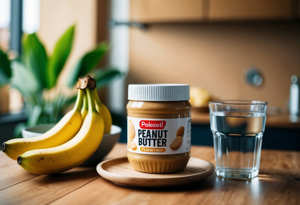 A jar of peanut butter sits next to a bowl of bananas and a glass of water on a wooden table