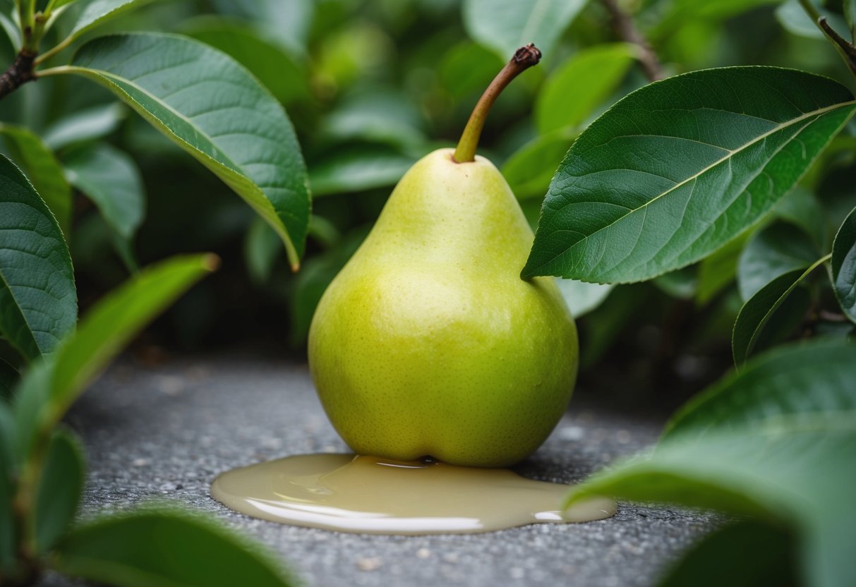 A ripe pear surrounded by leaves, with a small puddle of juice next to it
