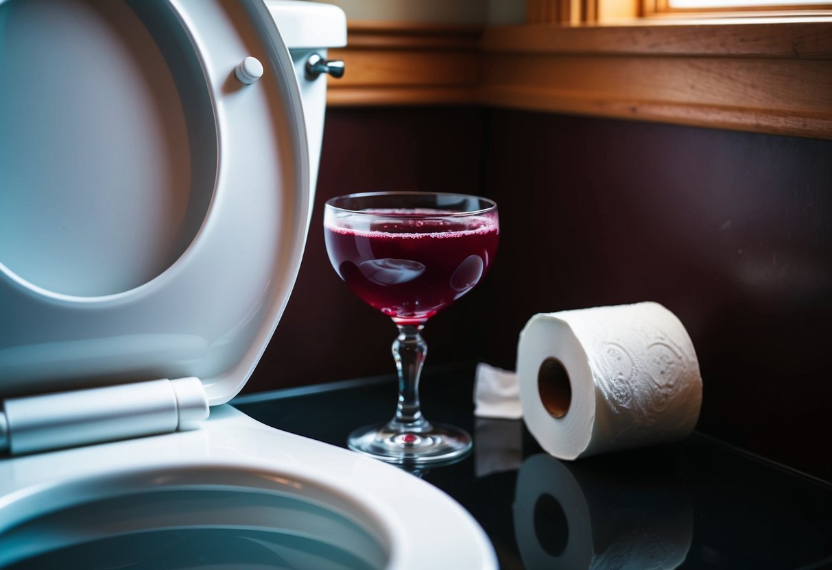 A glass of cranberry juice placed next to a toilet. The toilet lid is up, and a roll of toilet paper sits on the side