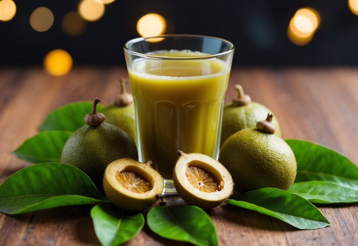A glass of tamarind juice surrounded by fresh tamarind fruits and leaves, with a soft glow highlighting the health benefits