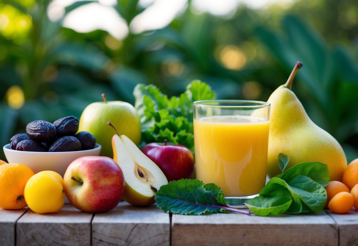 A variety of colorful fruits and vegetables, such as prunes, apples, pears, and leafy greens, are displayed next to a glass of freshly squeezed juice