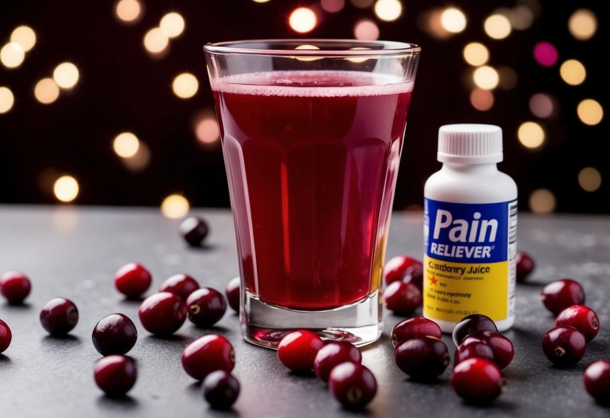 A glass of cranberry juice surrounded by scattered cranberries and a bottle of pain reliever
