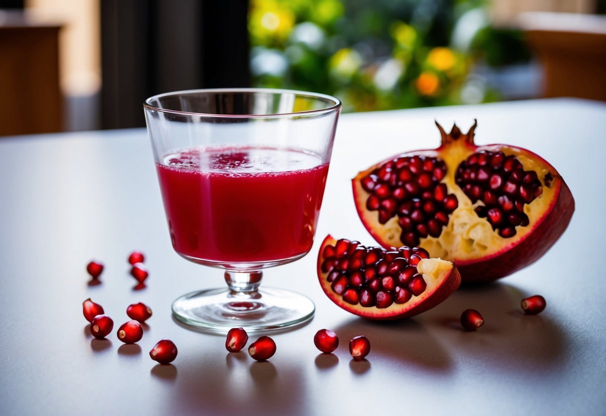 A glass of pomegranate juice on a table, surrounded by a few scattered pomegranate seeds and a half-cut pomegranate