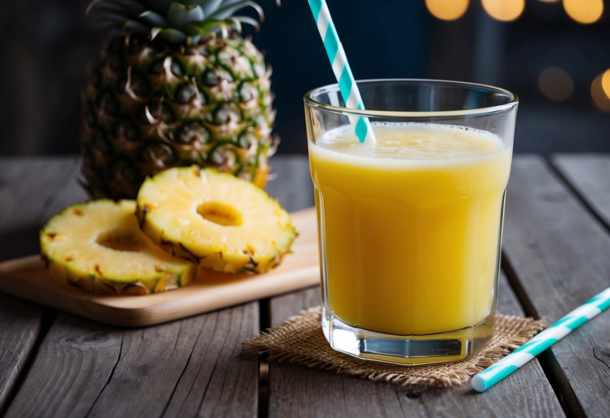 A glass of pineapple juice sits on a wooden table. A few pineapple slices and a straw are placed next to the glass