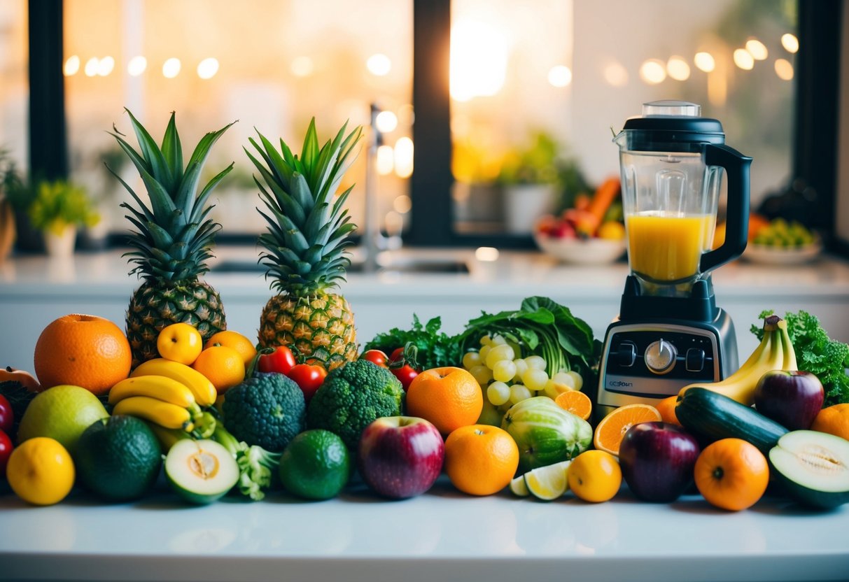 A variety of fresh fruits and vegetables arranged neatly on a counter, with a blender and glass of juice nearby