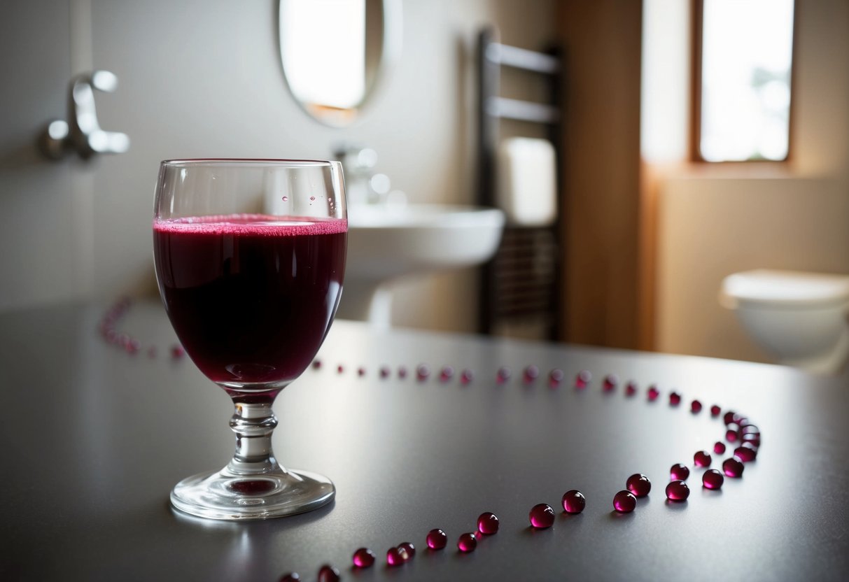 A glass of beet juice sits on a table. A trail of small, round droplets leads away from the glass towards a distant bathroom