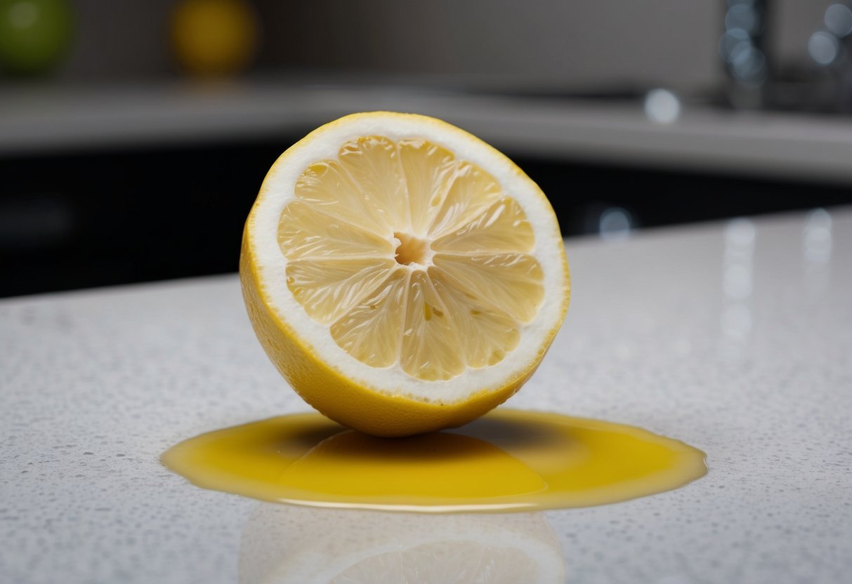A half-cut lemon sits on a kitchen counter, with a small puddle of juice forming around it. The lemon appears slightly dried out, with a few brown spots on the peel