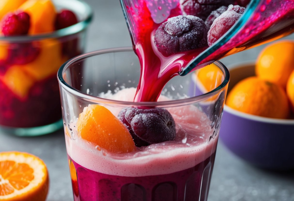 Frozen fruit being blended into juice in a clear glass container. The vibrant colors of the fruit create a swirl of red, purple, and orange as it turns into a refreshing drink