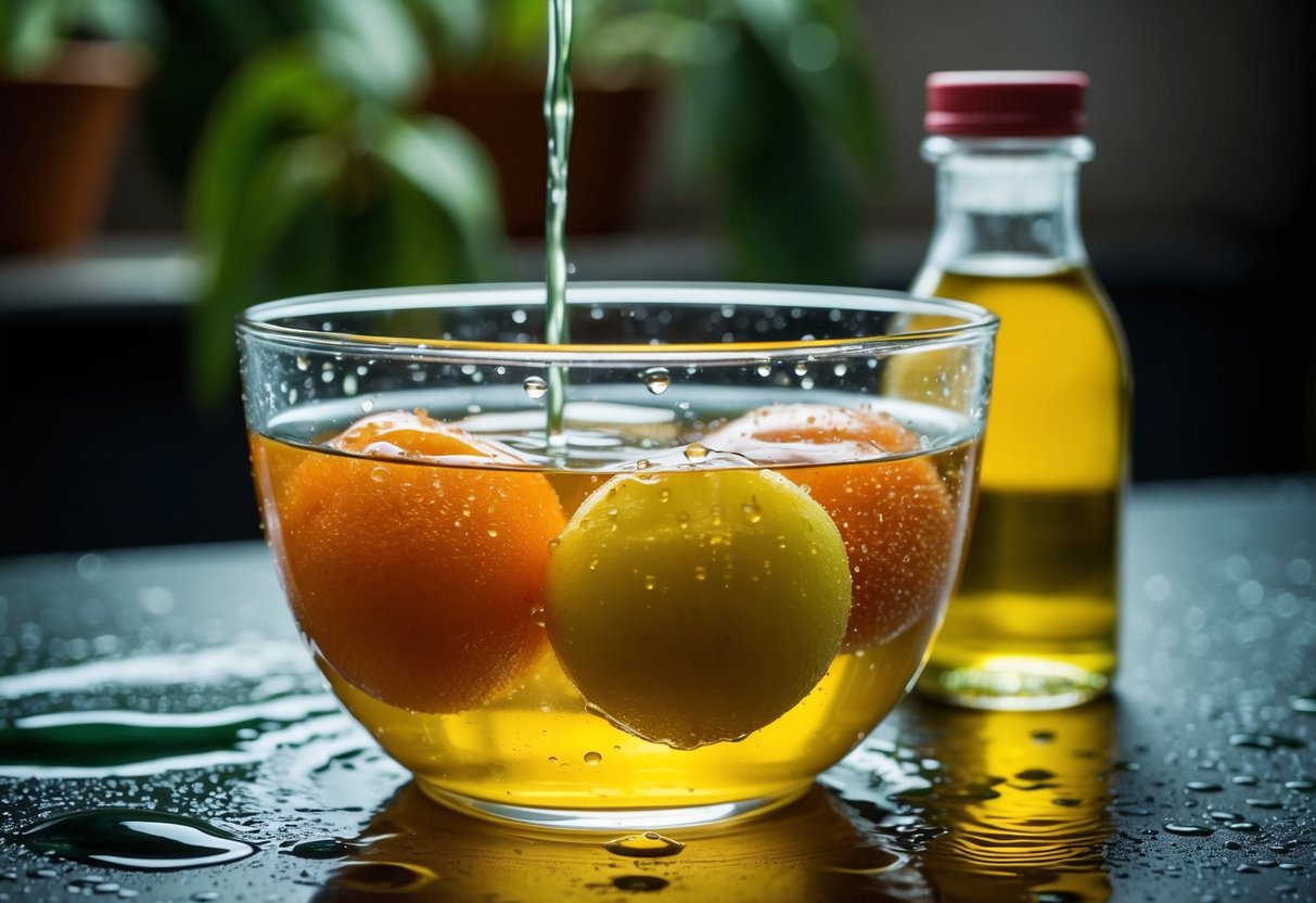 Fruit submerged in vinegar solution in a bowl. Water droplets on the surface. Vinegar bottle nearby