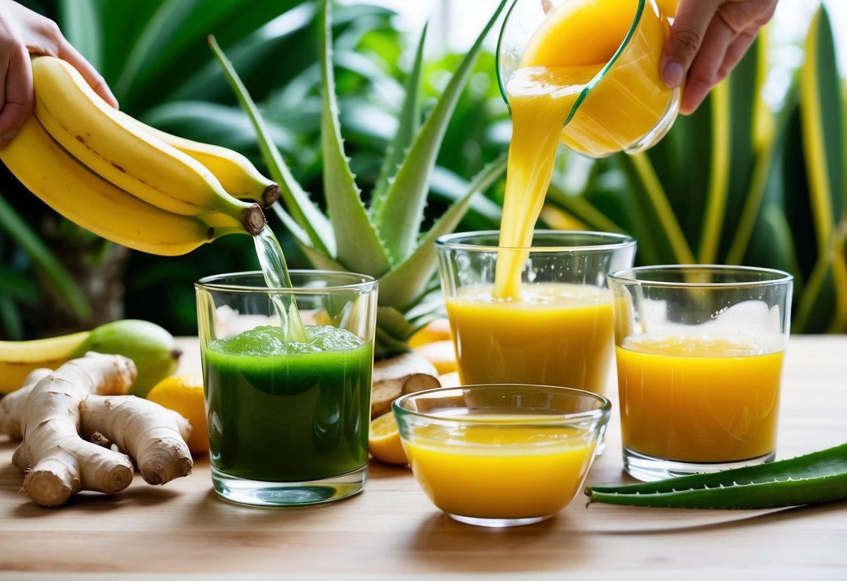 A variety of fresh fruits and vegetables, such as bananas, ginger, and aloe vera, are being juiced and poured into glass containers