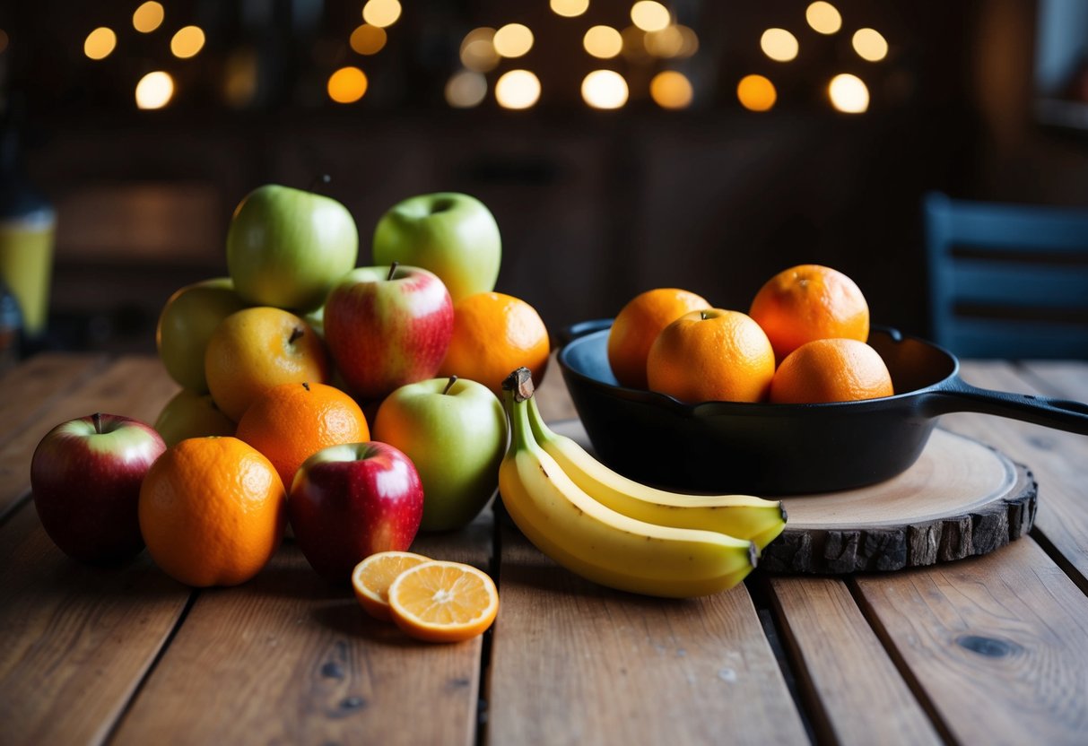A variety of fruits, such as apples, oranges, and bananas, are arranged next to a cast-iron skillet on a wooden table