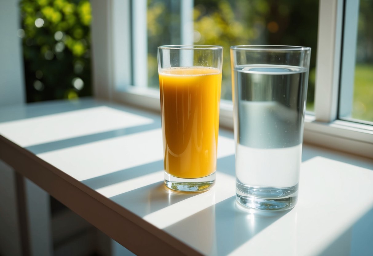 A glass of fresh juice and a glass of water sit side by side on a clean, white table. The sunlight streams in through a nearby window, casting a warm glow on the drinks