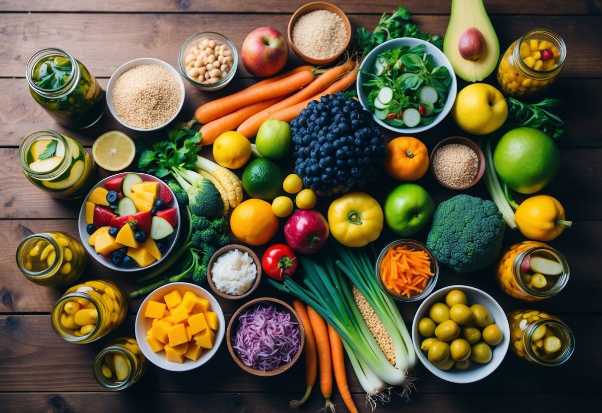 A colorful array of fruits, vegetables, whole grains, and fermented foods spread out on a wooden table, surrounded by jars of pickled and probiotic-rich items
