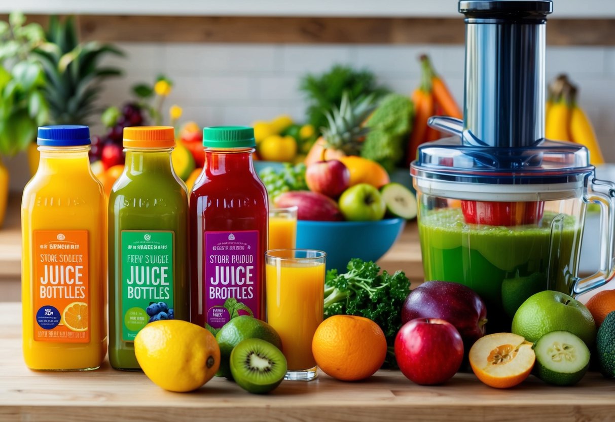 A colorful array of store-bought juice bottles contrasts with a vibrant display of fresh fruits and vegetables being juiced at home