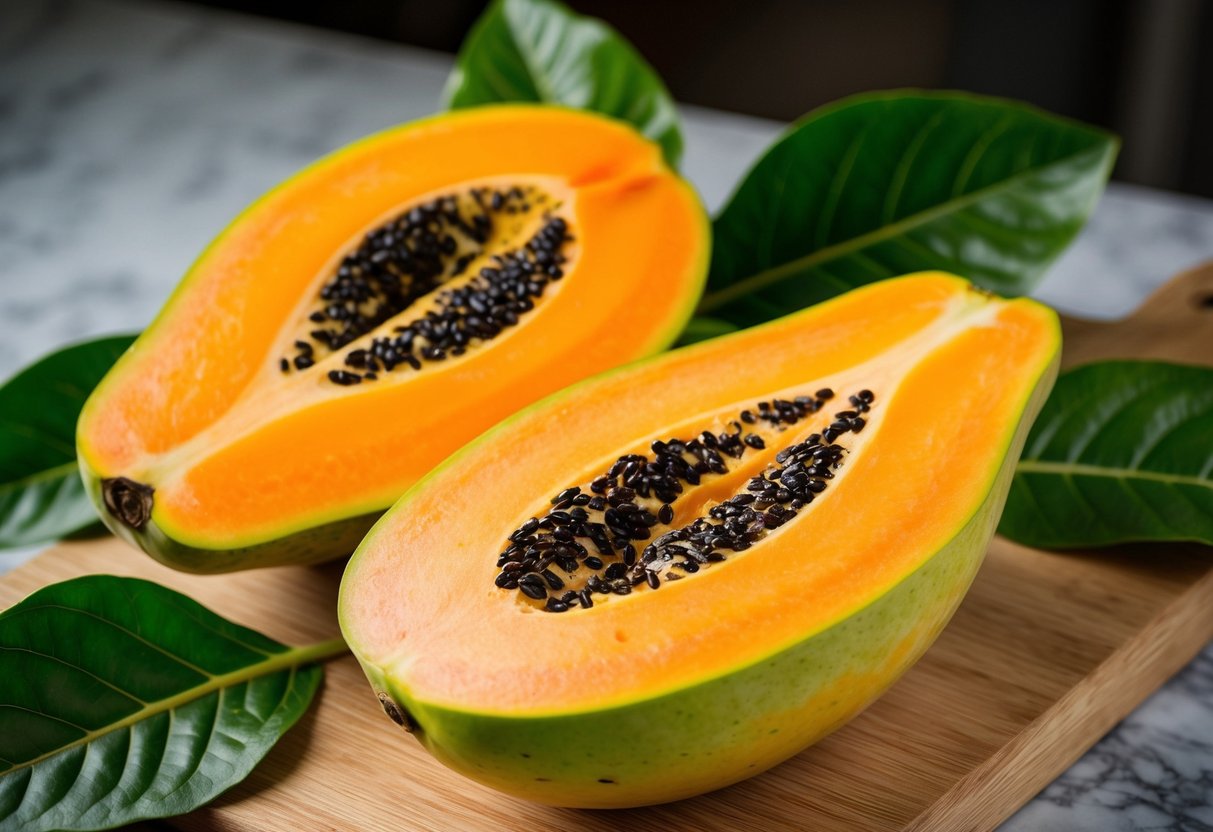 A papaya fruit with a slice cut open, showing its juicy, orange flesh and small black seeds. The fruit is surrounded by green leaves and placed on a wooden cutting board