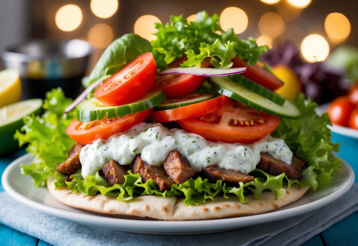 A colorful array of fresh ingredients - crisp lettuce, juicy tomatoes, tender meat, and tangy tzatziki sauce - piled high on a warm pita