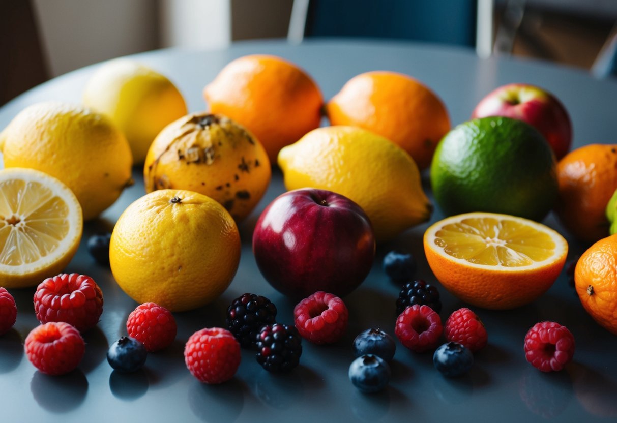 A variety of fruits including lemons, oranges, and berries are arranged on a table. Some are in a state of decay, while others appear fresh and vibrant