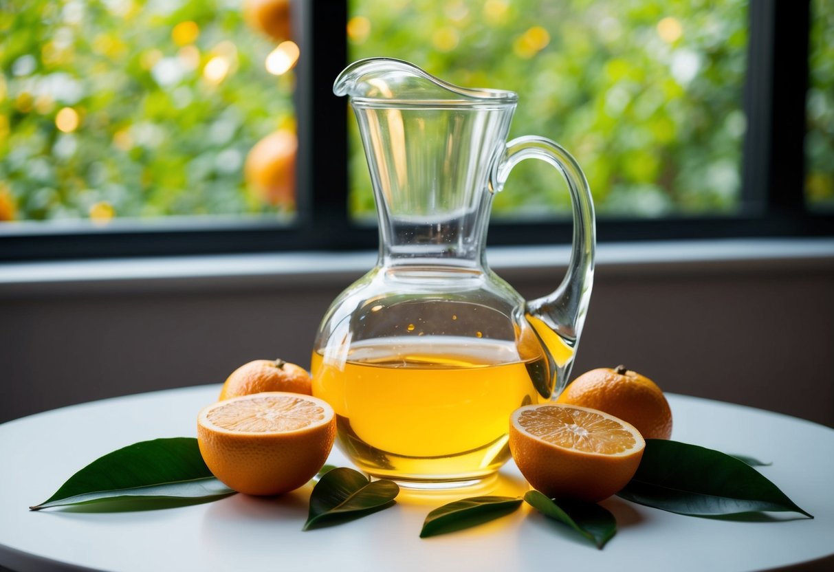 A glass pitcher filled with a vibrant, golden liquid sits on a table surrounded by fresh oranges and green leaves