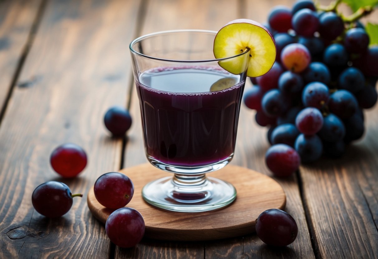 A glass of grape juice sitting on a wooden table with a few grapes scattered around it. A small slice of grape is placed on the rim of the glass