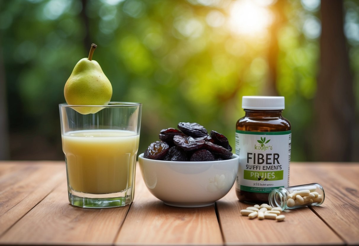 A glass of pear juice next to a bowl of dried prunes and a bottle of fiber supplements on a wooden table