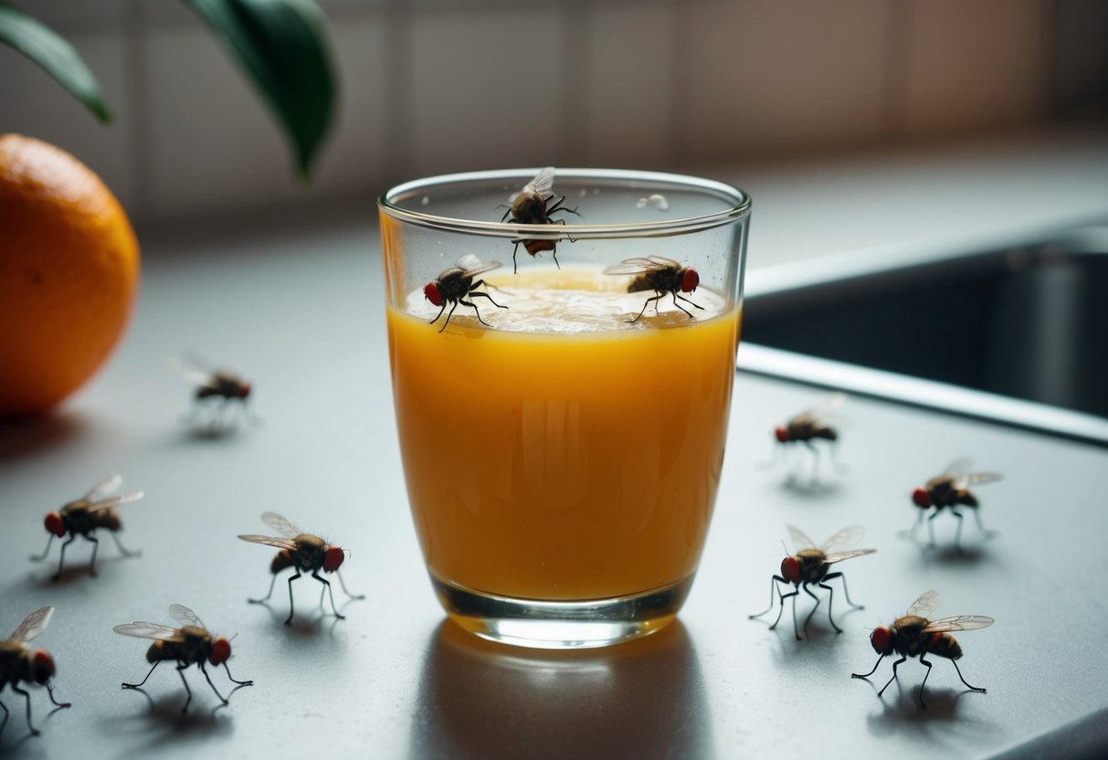 A glass of orange juice sits on a kitchen counter, surrounded by fruit flies. The liquid inside appears cloudy and has a slightly off smell