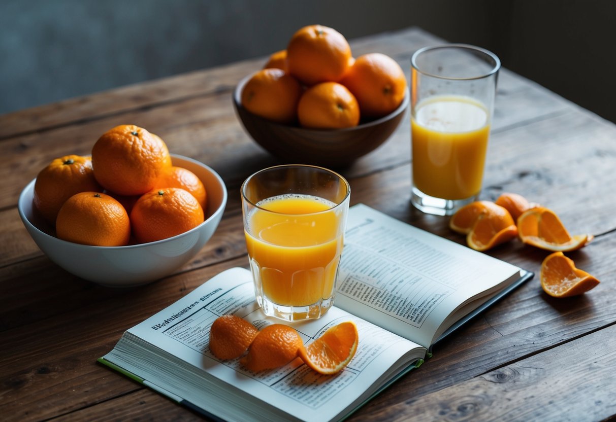 A wooden table with a bowl of oranges, a glass of fresh orange juice, and a pile of orange peels. A book open to a page with nutritional facts and juice recipes