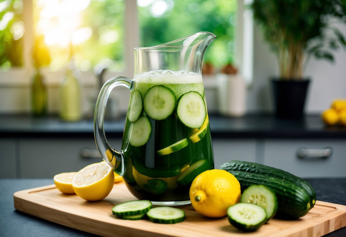 A glass pitcher filled with cucumber lemon detox juice, surrounded by freshly sliced cucumbers and lemons on a wooden cutting board