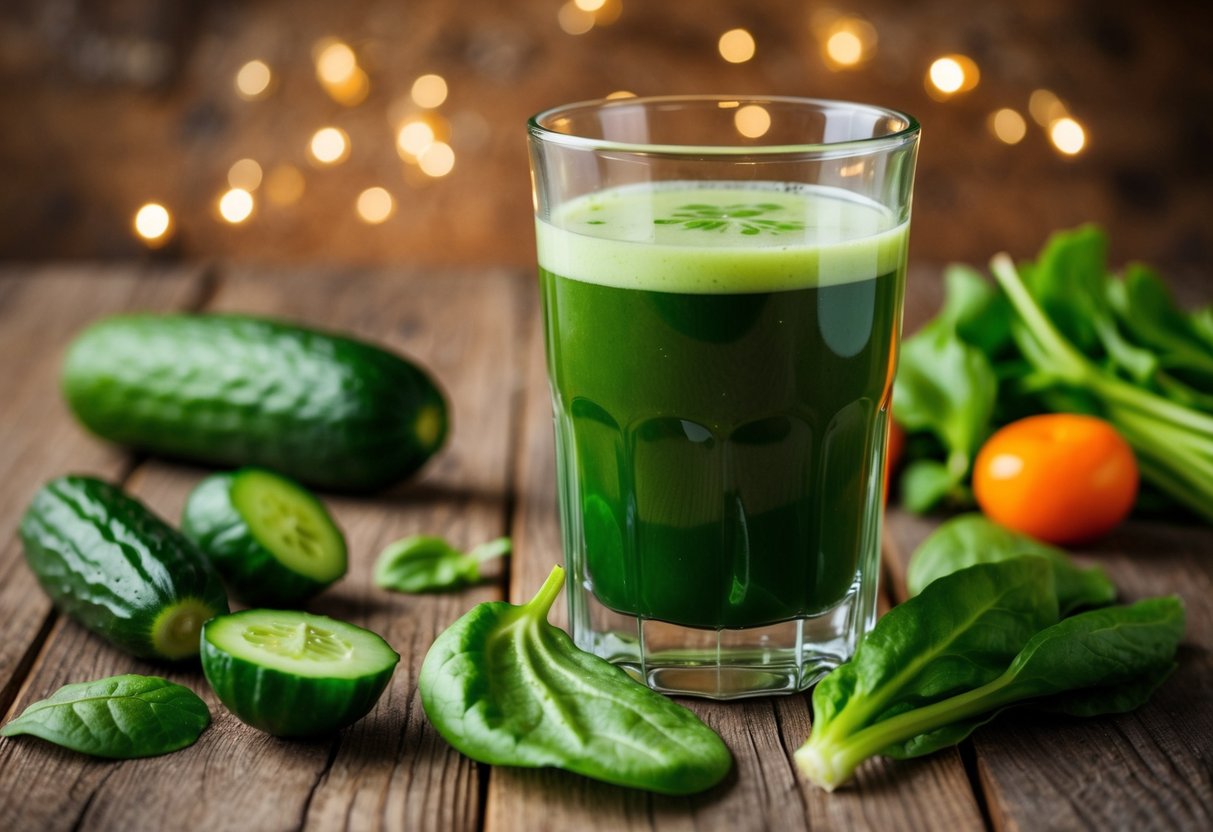 A glass of cucumber and spinach juice on a wooden table with a few whole vegetables scattered around