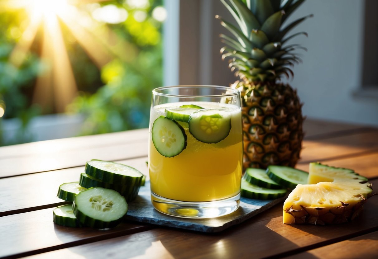 A glass of cucumber pineapple juice sits on a wooden table, surrounded by slices of fresh cucumber and pineapple. The sunlight streams through a nearby window, casting a warm glow on the scene