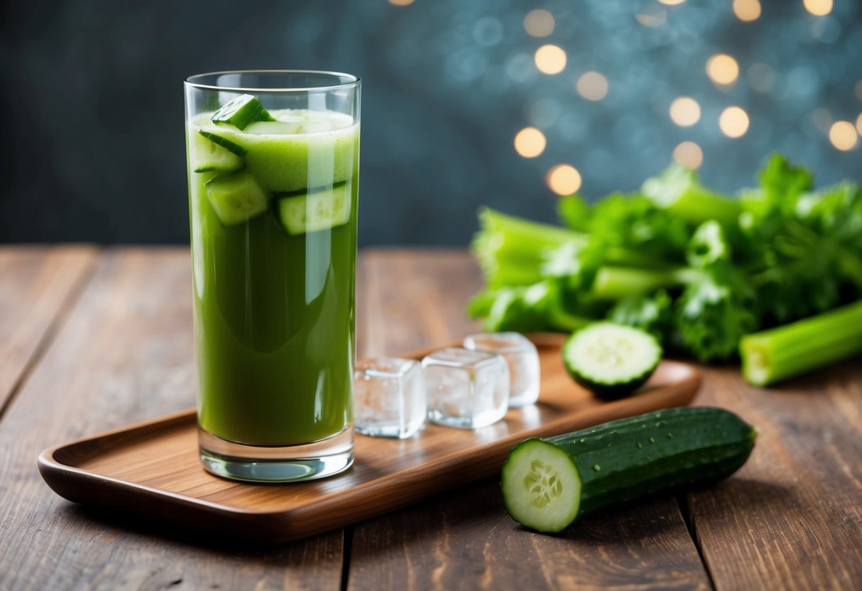 A glass of cucumber celery juice with ice cubes on a wooden table