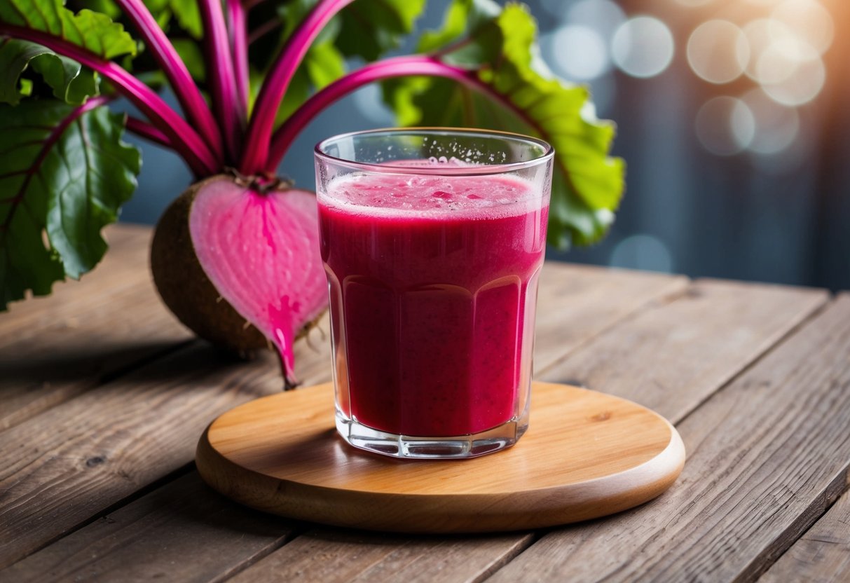 A glass of ginger beet juice sits on a wooden table, condensation forming on the outside. The vibrant red liquid contrasts with the green leaves of a beet plant in the background