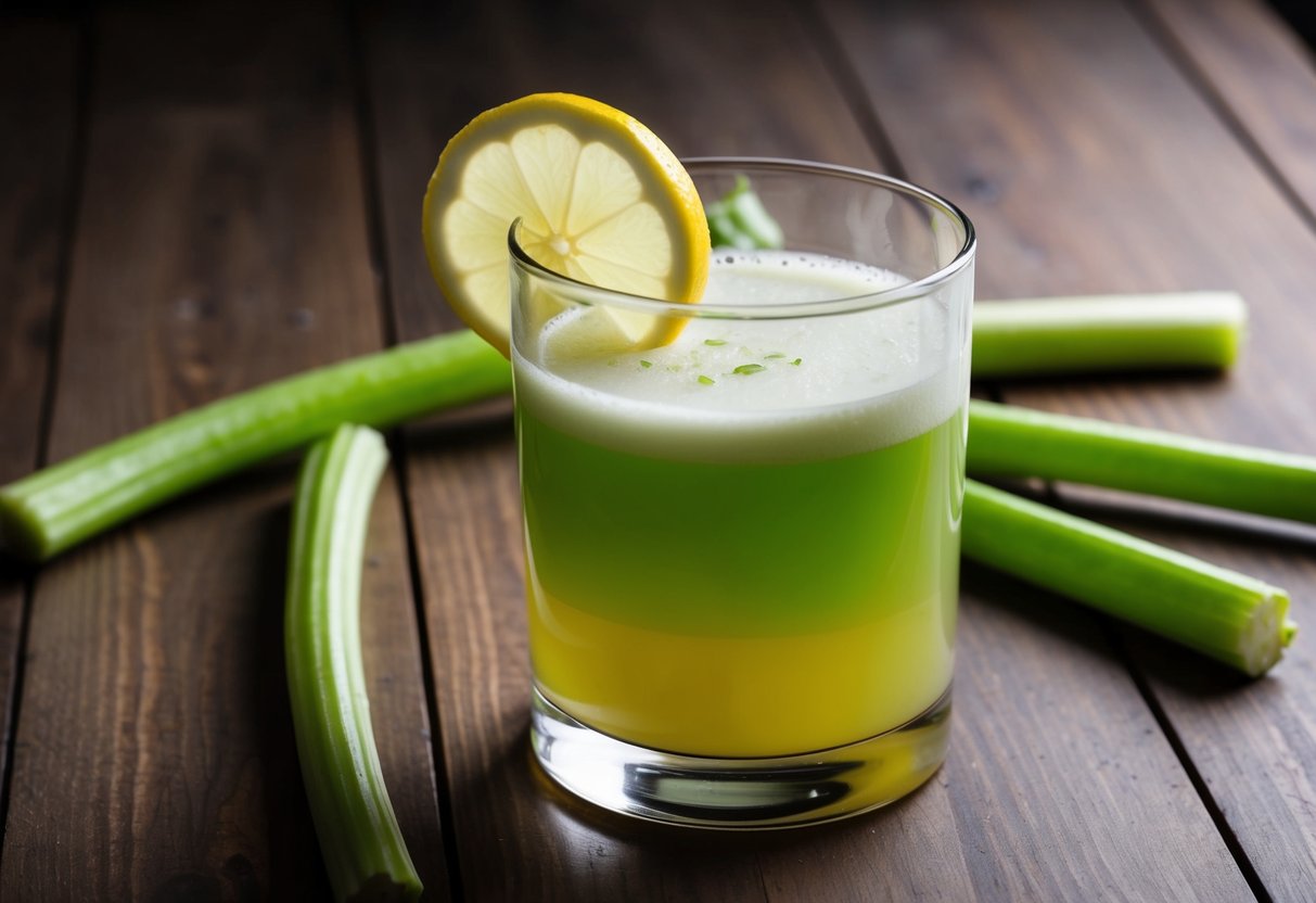 A glass of classic lemon celery juice with a lemon slice on the rim, placed on a wooden table with a few celery stalks scattered around