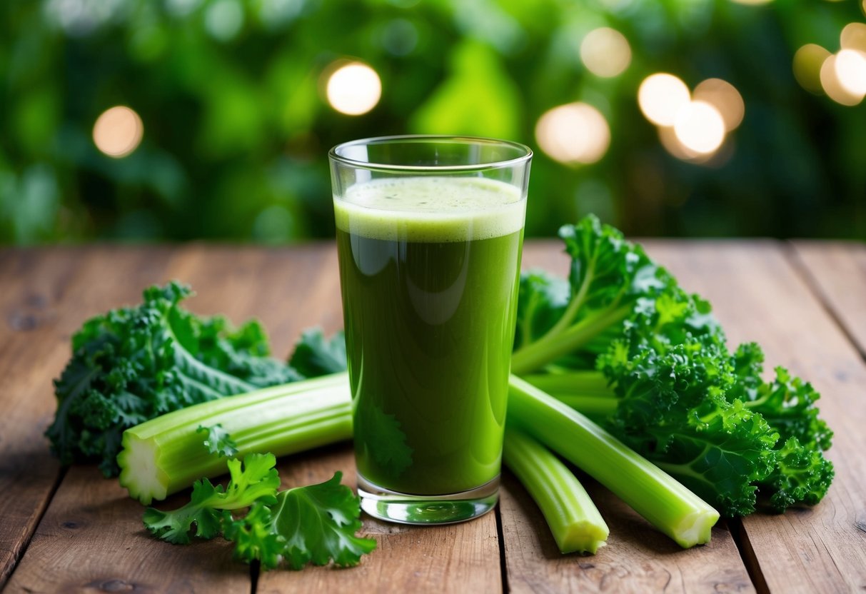 A tall glass of green detox celery juice with kale, surrounded by fresh celery and kale leaves on a wooden table