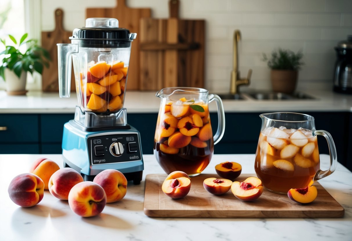A table with a variety of fresh peaches, a blender, a pitcher of iced tea, and a cutting board with sliced peaches