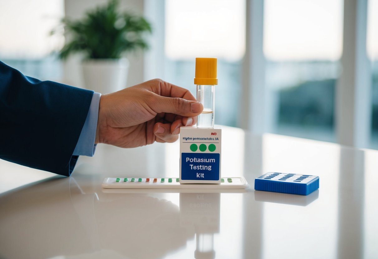 A hand holding a potassium testing kit on a clean, well-lit surface