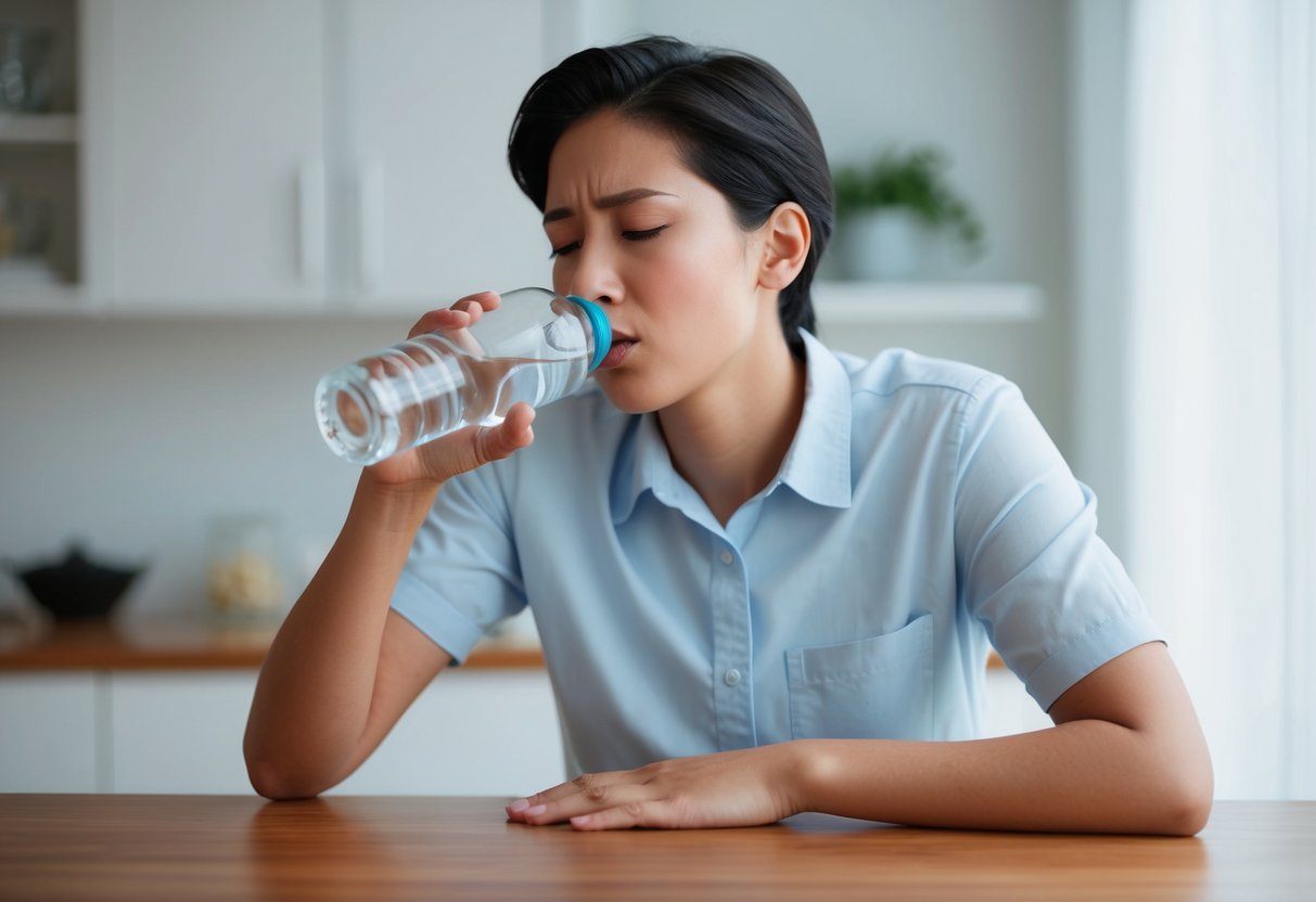 A person drinking water and then experiencing heartburn